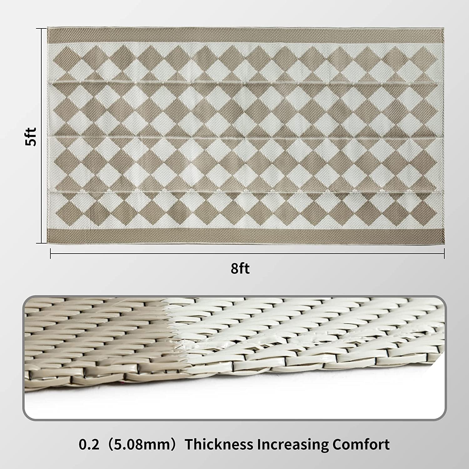 Reversible Rugs Plastic Patio Area Rugs, Lightweight outside Mats for Patio, Straw, RV Camping, Beach and Picnic (5X8Ft Taupe)
