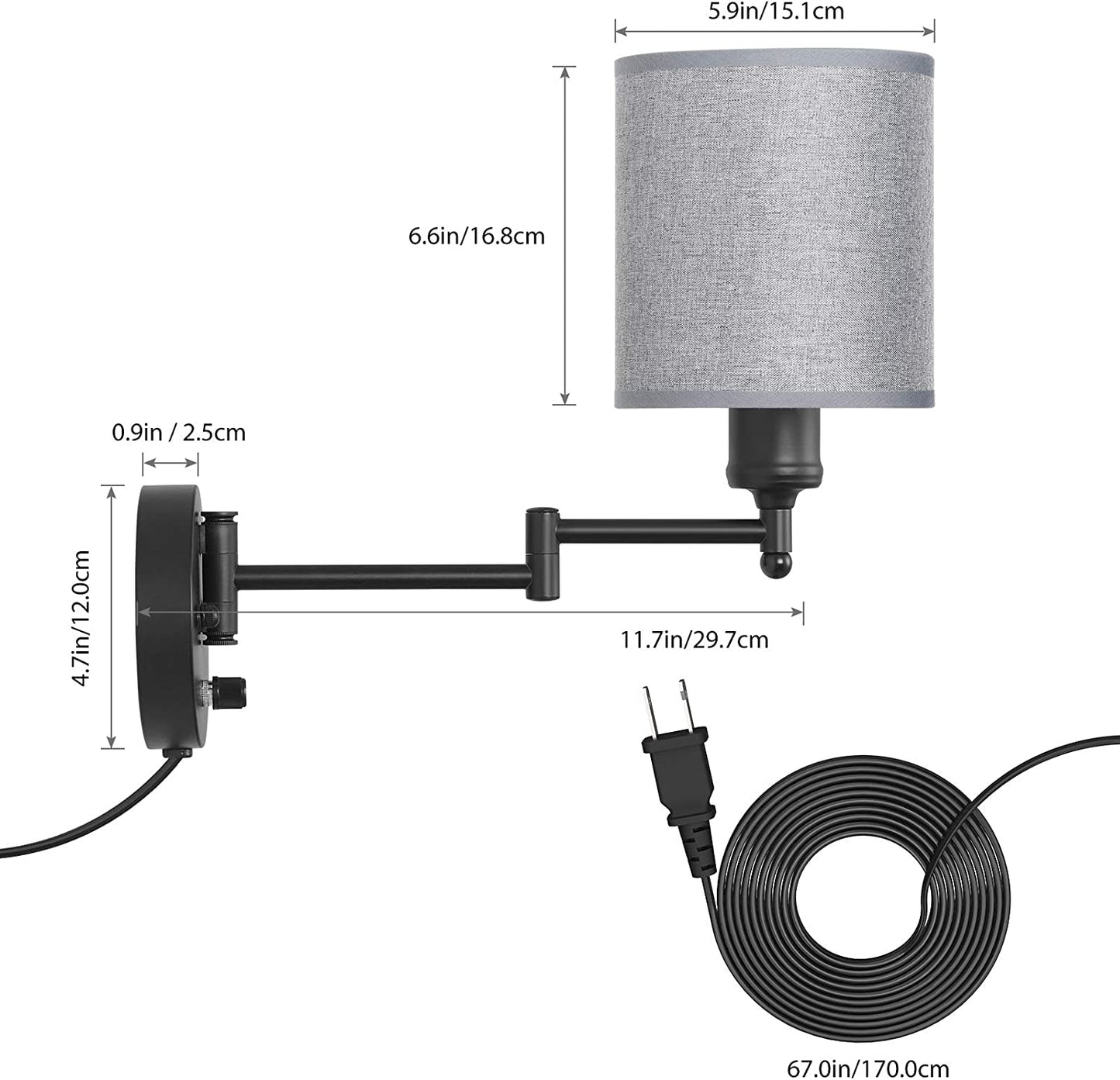 Plug in Wall Light Fixtures, Set of 2 Swing Arm Wall Lamps with Grey Linen Lampshade, Modern Bedside Wall Sconce for Bedroom Hallway Living Room Study