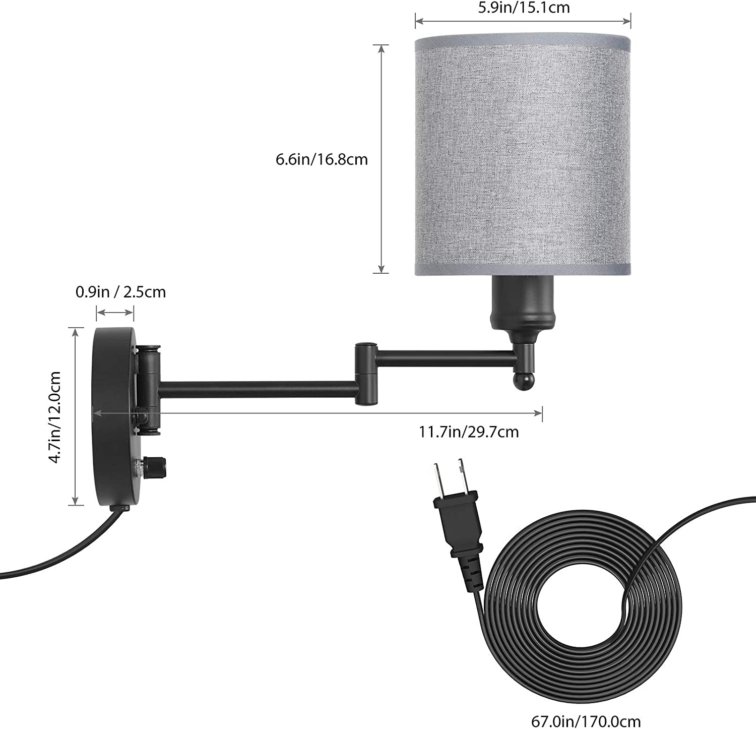 Plug in Wall Light Fixtures, Set of 2 Swing Arm Wall Lamps with Grey Linen Lampshade, Modern Bedside Wall Sconce for Bedroom Hallway Living Room Study