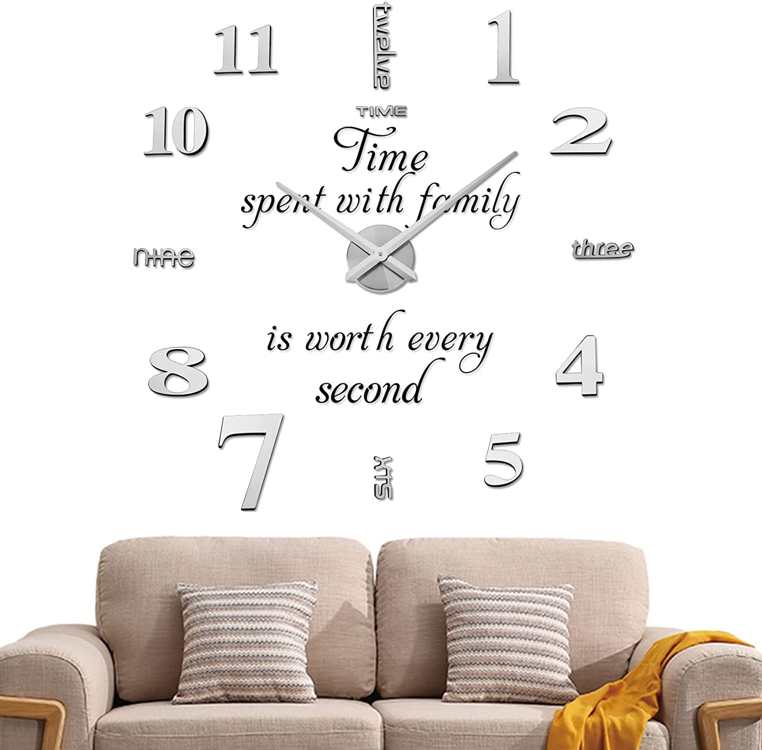 DIY Wall Clock,3D Frameless Wall Clock,Large Modern Design Decor Sticker DIY Wall Clock Kit for Bedroom Living Room Home Decorations,Adjustable Size and Easy to Assemble (Silver)