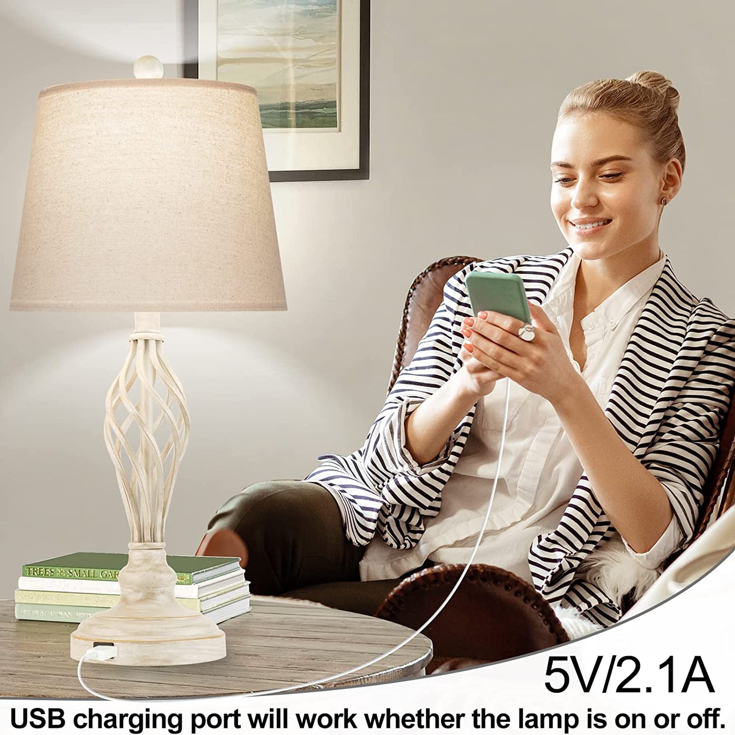 Table Lamps Bedside Lamp Set of 2,  Traditional Rustic Farmhouse Touch Lamps 3-Way Dimmable Retro Nightstand Lamps with USB Port Ivory Spiral Cage Design Base Drum Shade for Bedroom