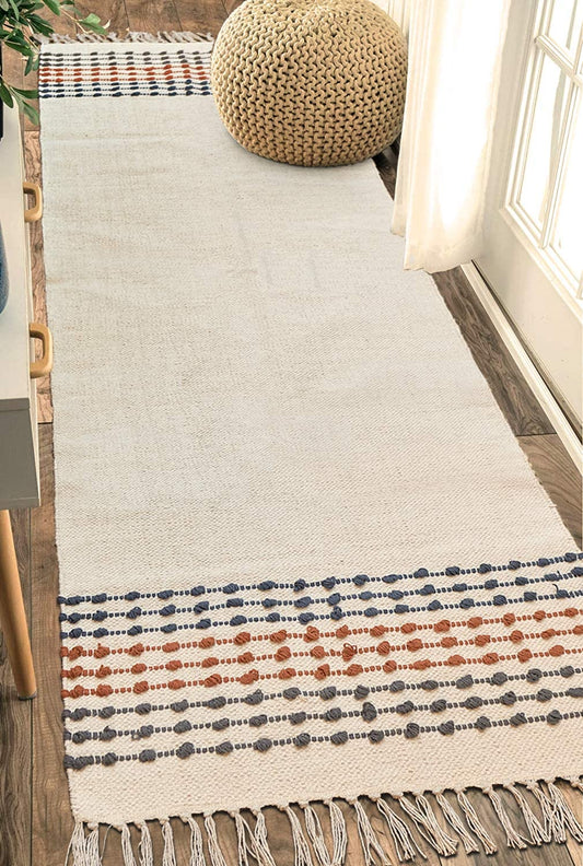 MOTINI Hand Woven Cotton Runner Rug 2' X 6', Knotted Bohemian Accent Throw Rug with Tassels, Natural Color Textured Runner Rug for Bedroom,Living Room,Laundry Room