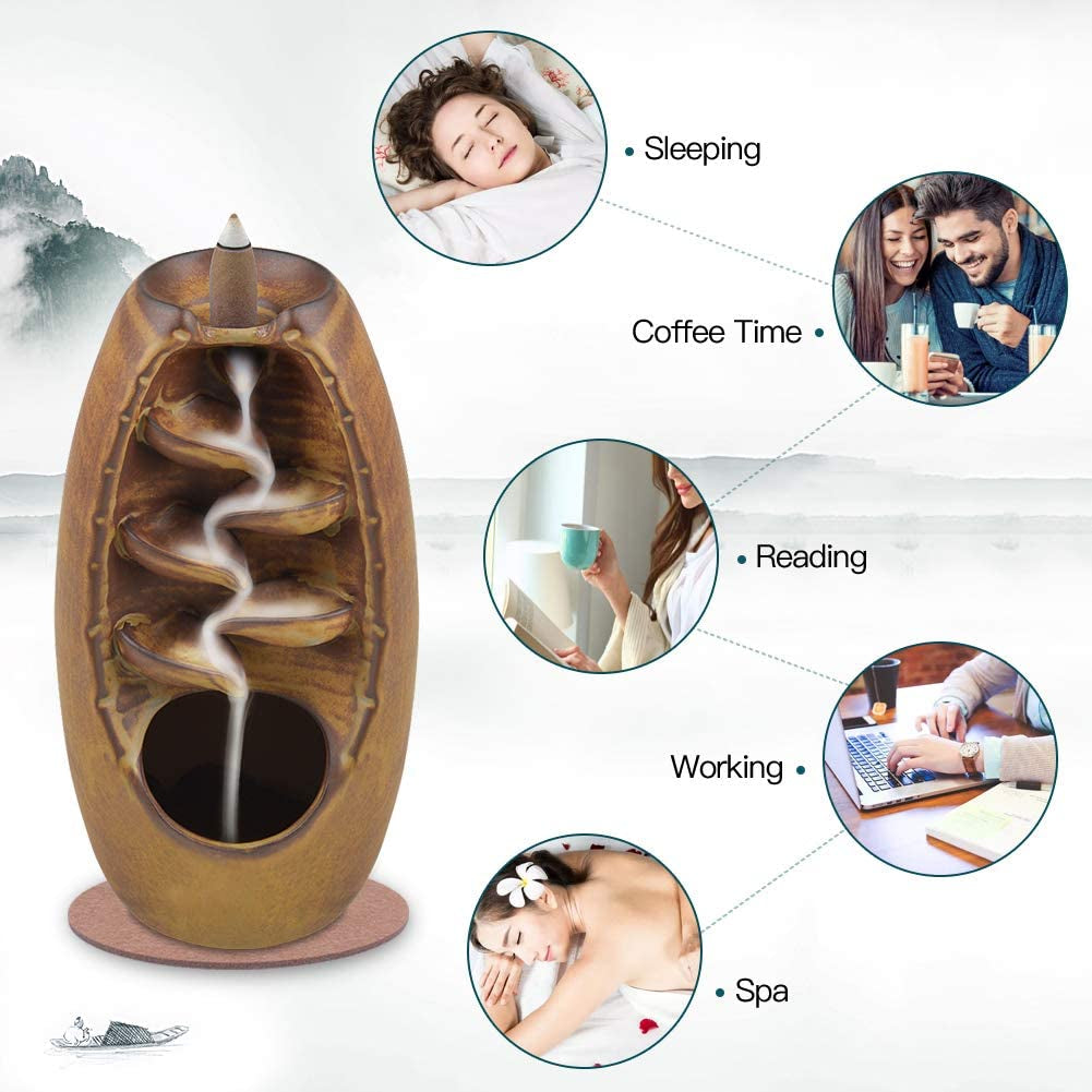 Ceramic Backflow Incense Holder Incense Burner Waterfall, with 120 Backflow Incense Cones & 30 Incense Stick, Aromatherapy Ornament Home Decor, Brown
