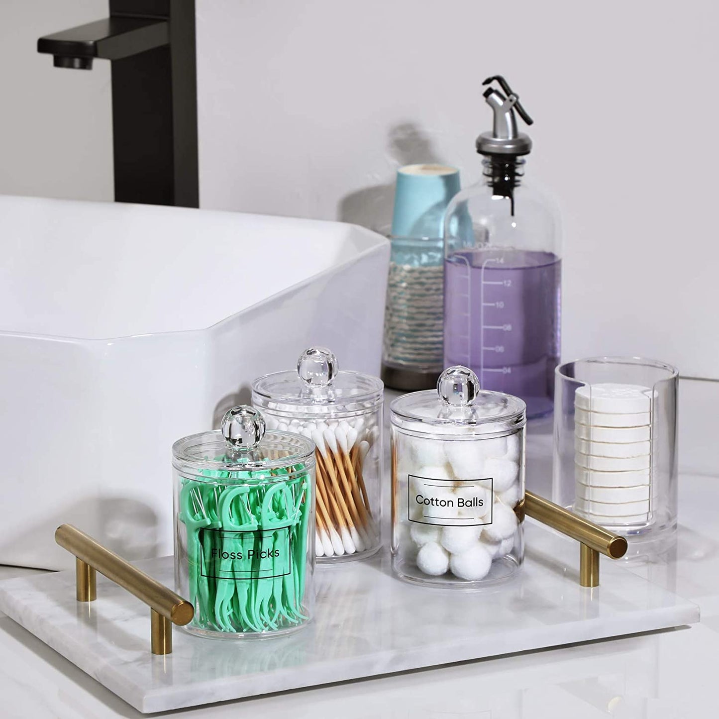 4 Pcs, 10 OZ Qtip Holder Dispenser for Cotton Ball, Cotton Swab, Cotton round Pads, Floss - Clear Plastic Apothecary Jar Set for Bathroom Canister Storage Organization, Vanity Makeup Organizer