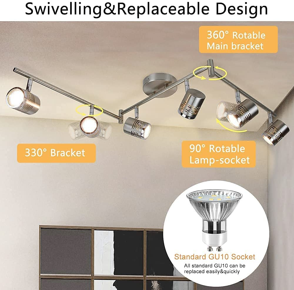 DLLT 6-Light Track Lighting Fixtures Swing Arm, Kitchen Ceiling Spot Light, Flush-Mount Foldable Track Rail Lighting for Living Room, Dining Room, Offices, Bedroom, Picture Wall, Kitchen, Warm Light
