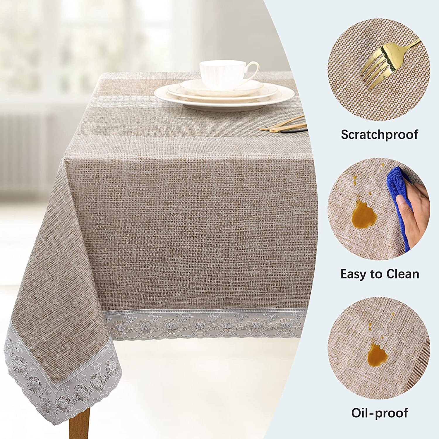 Vinyl Tablecloth with Flannel Backing,Plastic Waterproof Rectangle Tablecloths,Flannel Backed Table Cloth for Camping Dining Indoor & Outdoor,Durable Table Cover(Brown Stripes,52 X 72 Inch)