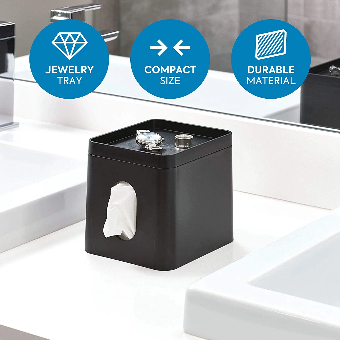 Facial Tissue Box Cover with Storage Tray, the Cade Collection – 6.1" X 5.15" X 5.4", Matte Black