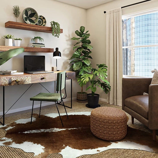 Premium Faux Cowhide Rug 4.6 X 5.2 Feet, Durable and Large Size Cow Print Rugs, Suitable for Bedroom Living Room Western Decor, Faux Fur Animal Cow Hide Carpet, Brown