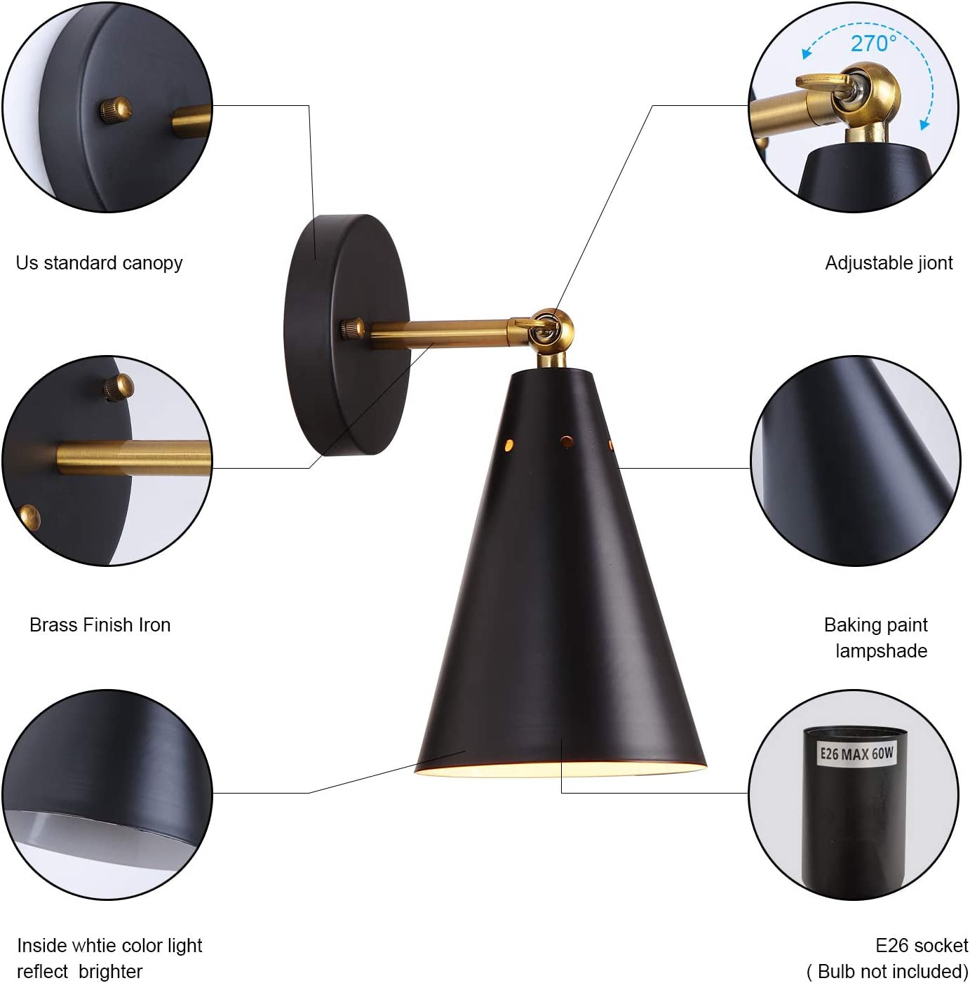 Modern Black Wall Sconces Lighting, 2 Pack Gold Rustic Wall Sconce Fixture Farmhouse Wall Lamp Simplicity Bronze Finish Arm Swing Industrial Wall Lights for Bedroom,Living Room,Reading,Kitchen