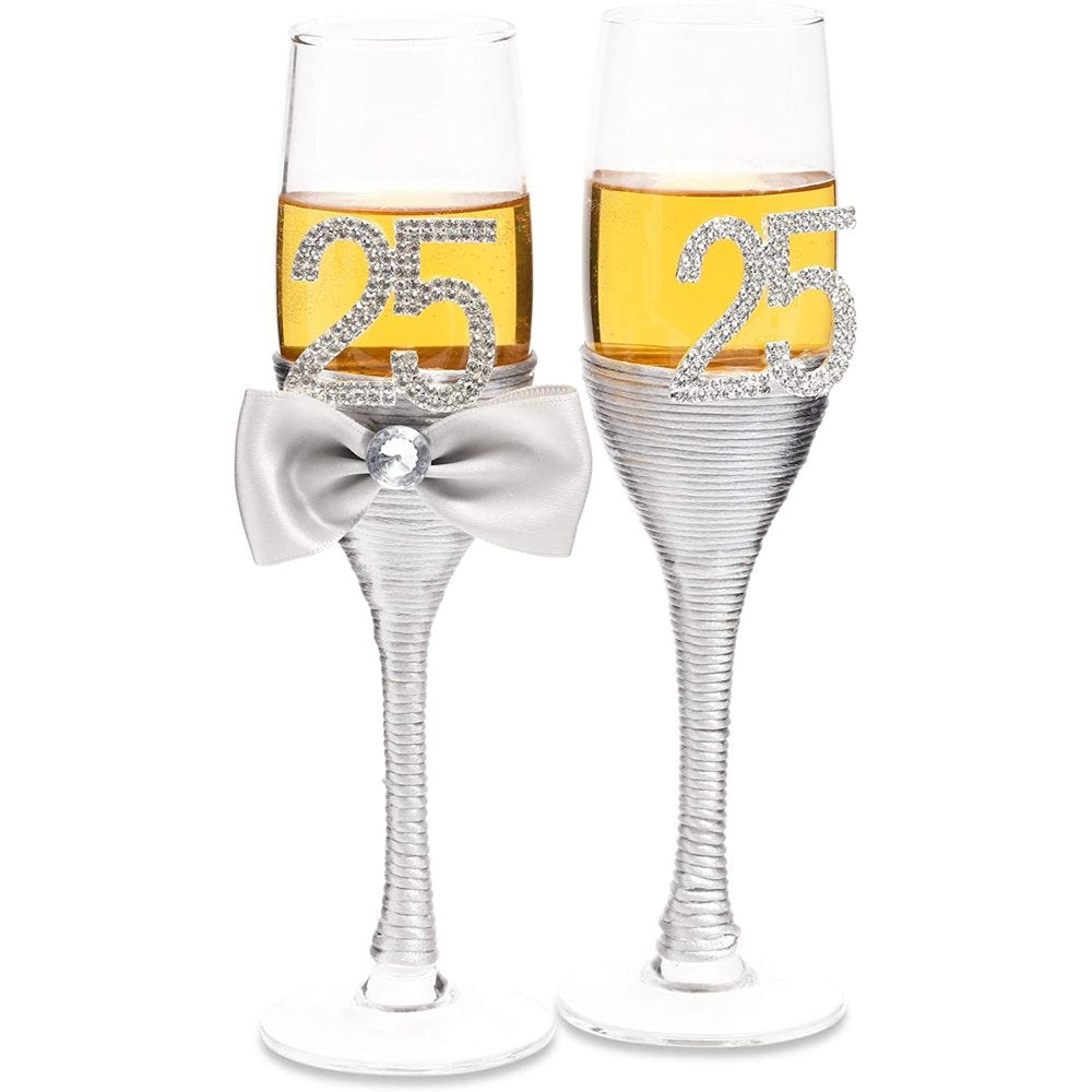 Set of 2 25Th Wedding Anniversary Champagne Flutes Glasses for Mr and Mrs Toasting Party Celebration Gift
