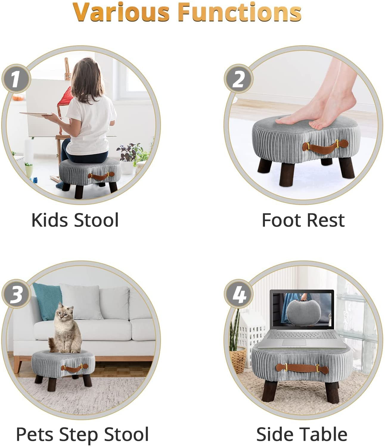 Small Curved Foot Stool with Handle, Gray Velvet Footstool and Ottomans, Modern Foot Rest with Wooden Legs, Step Stool with Padded Seat for Couch, Living Room