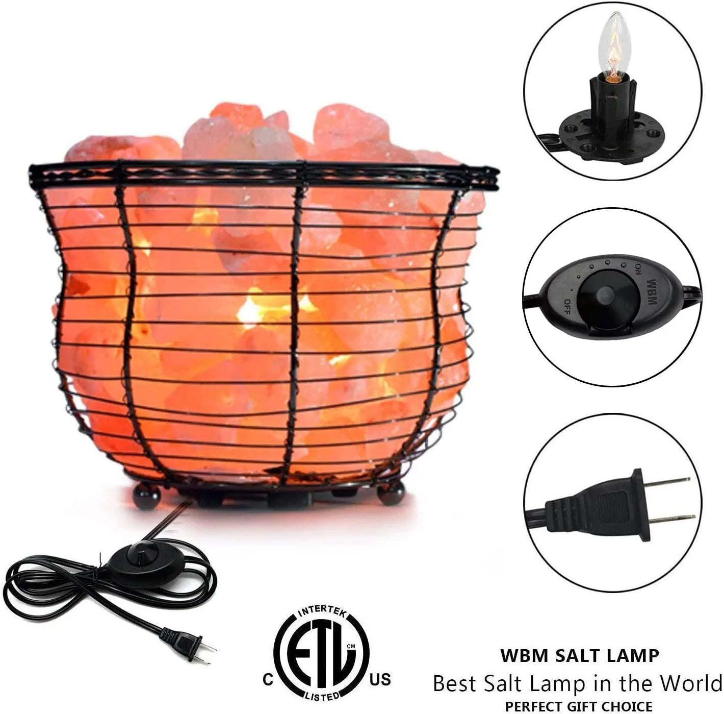 Natural Himalayan Salt Lamp, Tall round Metal Basket Lamp with Dimmer Switch | 8-10 Lbs