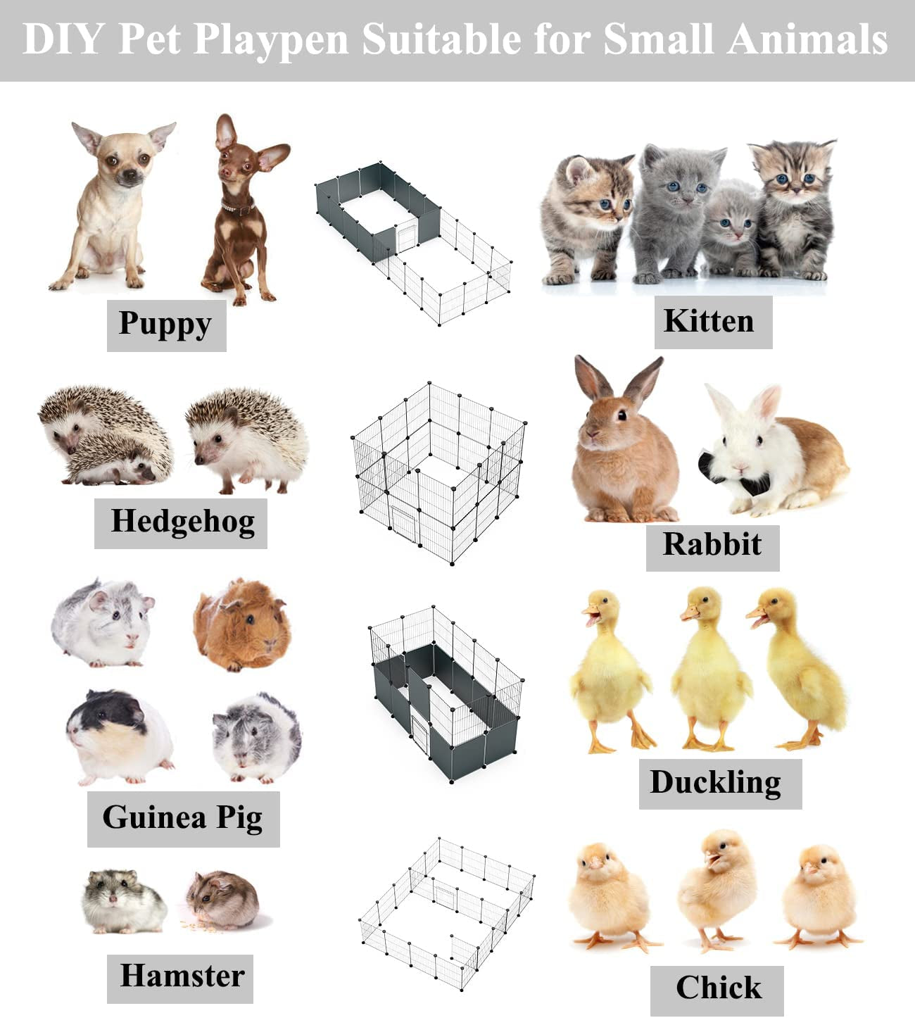 DIY Small Animal Playpen, Pet Playpen, Rabbit Cage, Guinea Pig Cages, Puppy Playpen, Kitten Playpen | Indoor & Outdoor Portable Metal Wire Yard Fence (12 Metal Panels + 12 Plastic Panels)