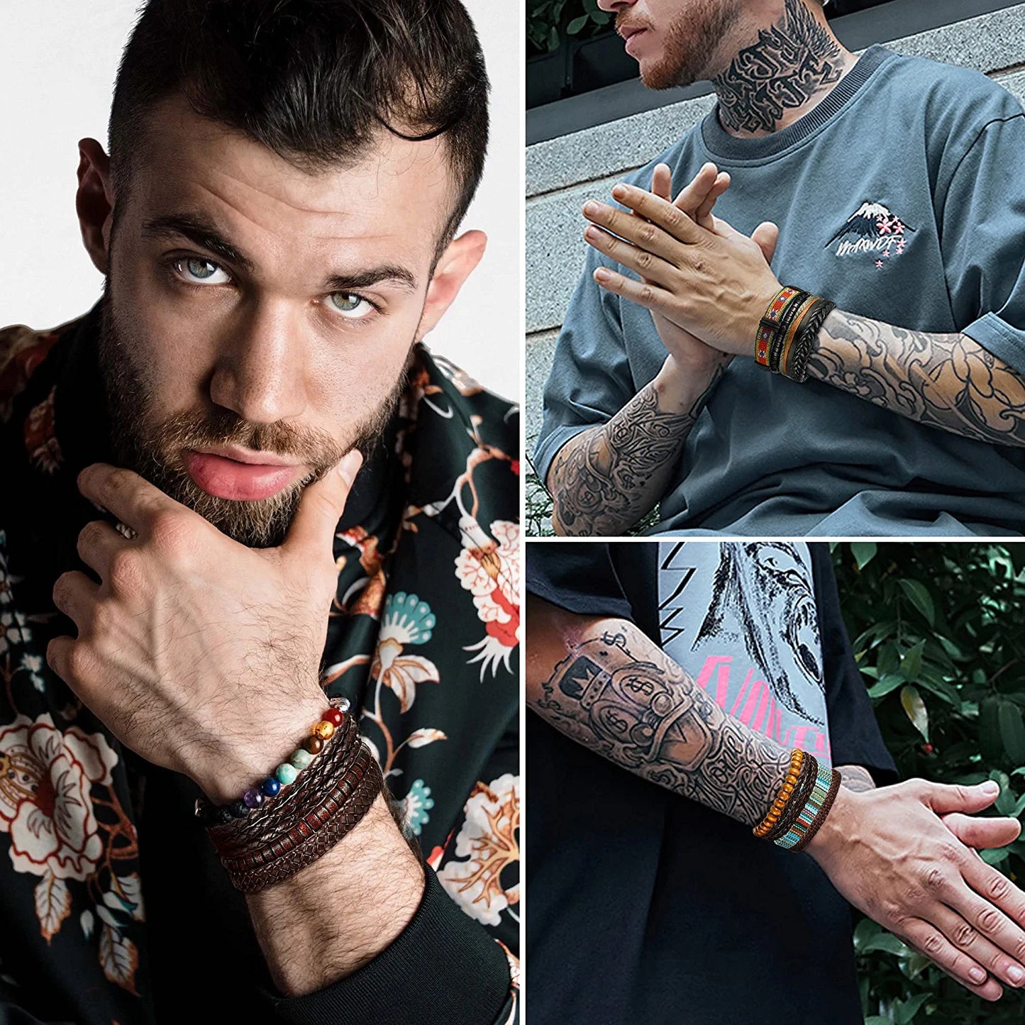 31 Pcs Braided Leather Bracelets for Men Women Wooden Beads Cool Hemp Tribal Wristbands Cuff Punk Multilayered Bracelets