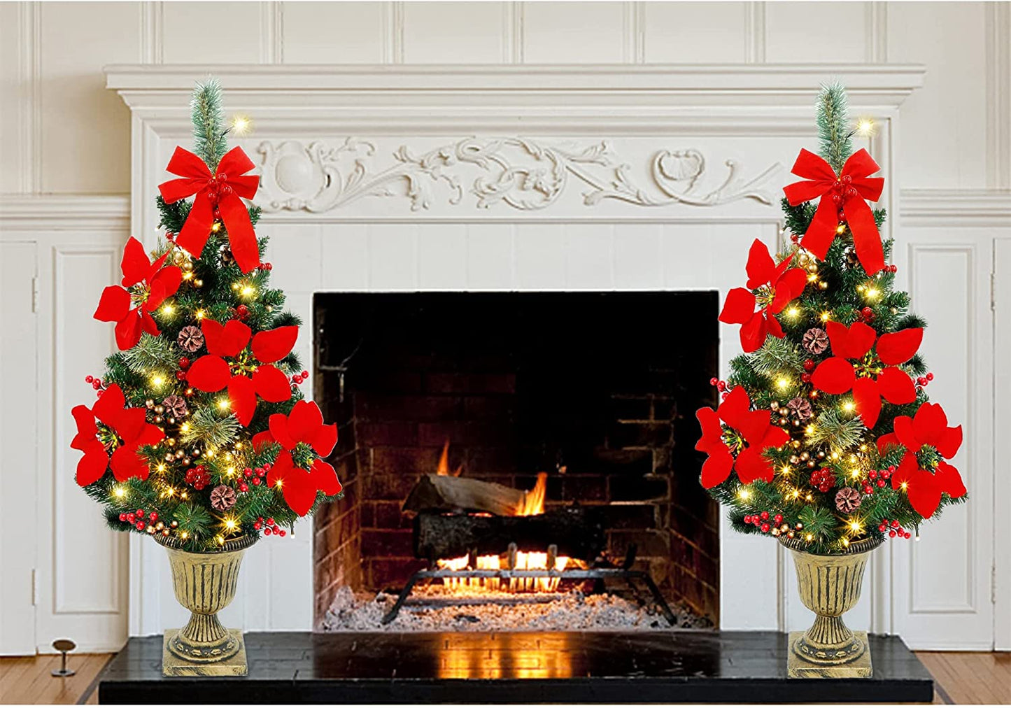 3 FT Christmas Tree, Pre-Lit Poinsettia Spruce Entrance Trees with 100 Leds Lights, Pine Cones, Red & Golden Berries in Gold Urn Base for Front Door, Porch, Entryway Xmas Home Decor, 2 Pack
