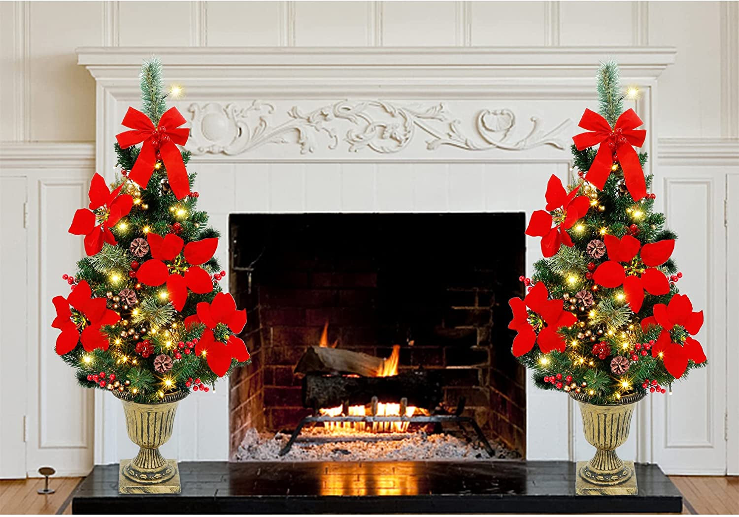 3 FT Christmas Tree, Pre-Lit Poinsettia Spruce Entrance Trees with 100 Leds Lights, Pine Cones, Red & Golden Berries in Gold Urn Base for Front Door, Porch, Entryway Xmas Home Decor, 2 Pack
