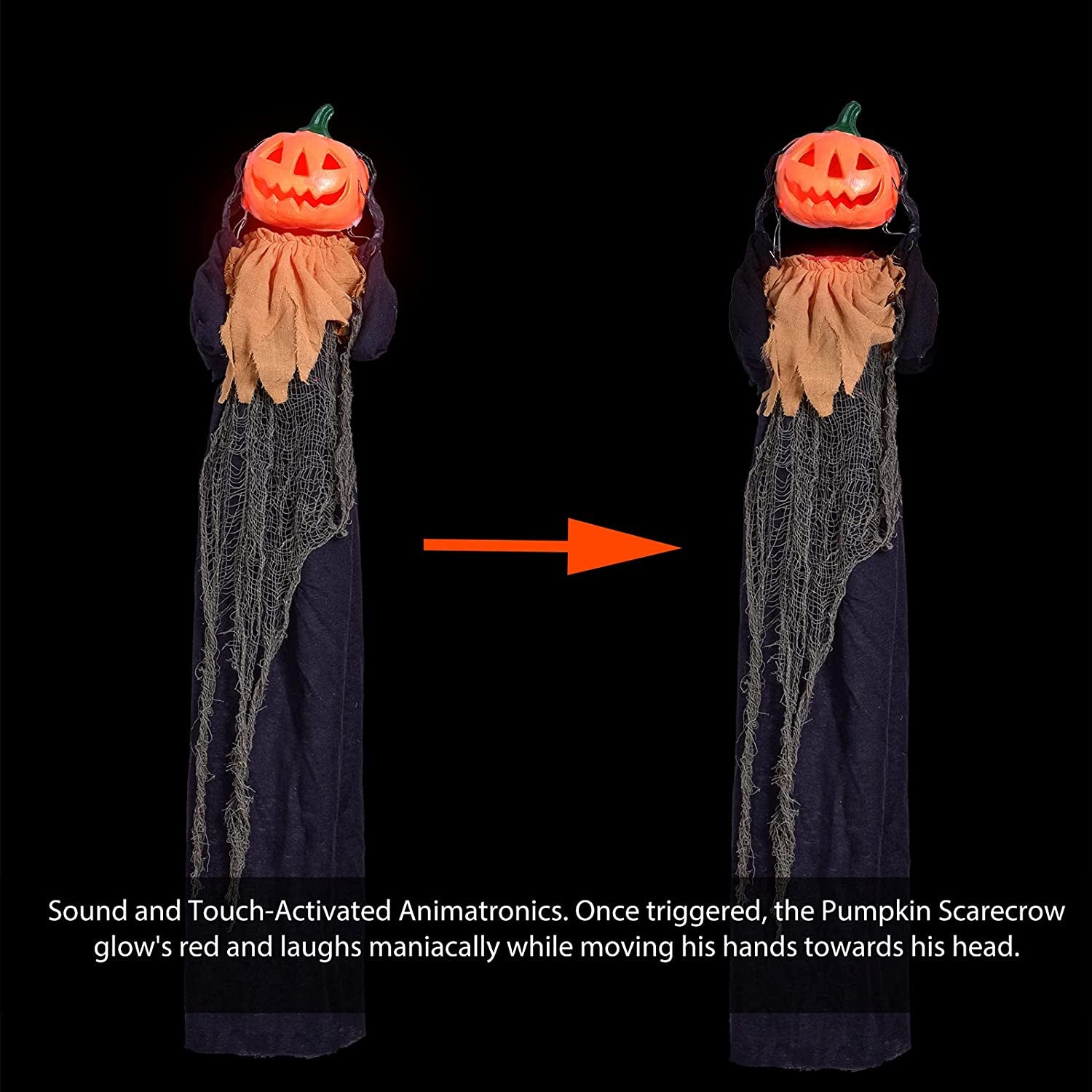 47.2" Halloween Hanging Pumpkin Ghost Animated Halloween Decorations with Sound & Light, Scary Creepy Spooky Props for Halloween Décor Outdoor, Haunted House