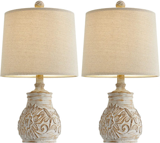 Pokat 18.5'' Farmhouse Vintage Table Lamps for Living Room Traditional Carved Floral Bedside Lamps for Bedroom Rustic Night Light Lamps Washed White