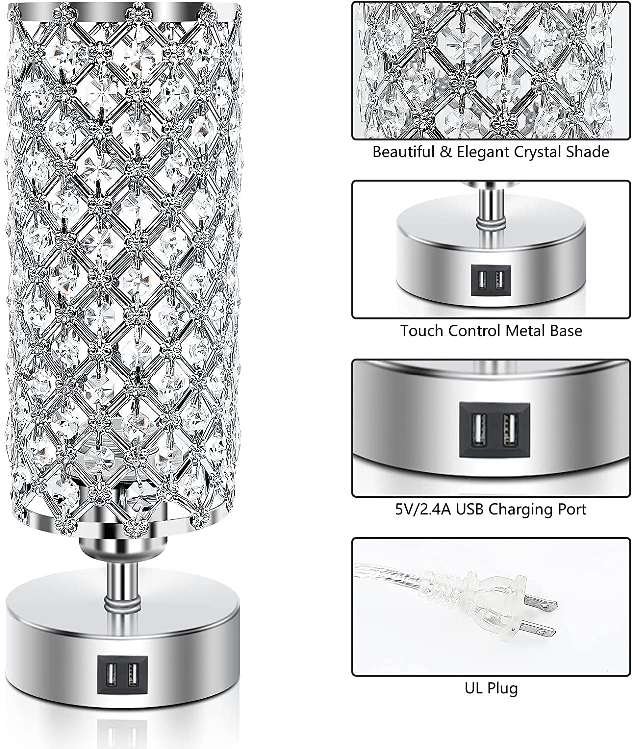 Touch Control Crystal Table Lamps Set of 2, Nightstand Sliver Lamps with 2 USB Charging Ports, Modern Dimmable Desk Lamps for Bedrooms (LED Bulb Included)