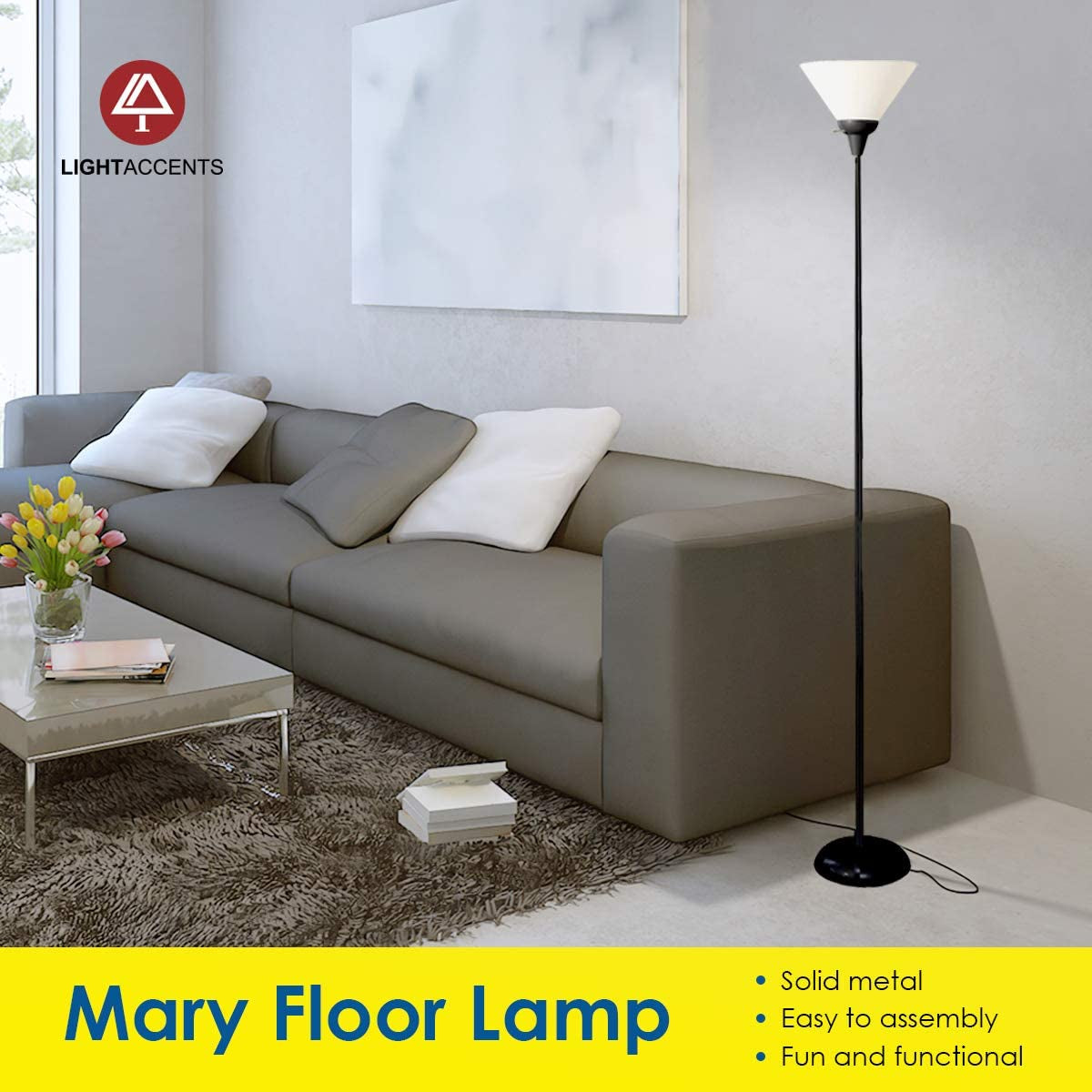 LIGHTACCENTS Black Metal Floor Lamp with Opal White Cone Shade. Model 6113-21 Standing Pole Torch Floor Lamp Torchiere Super Bright Floor Lamp ( Black Finish )