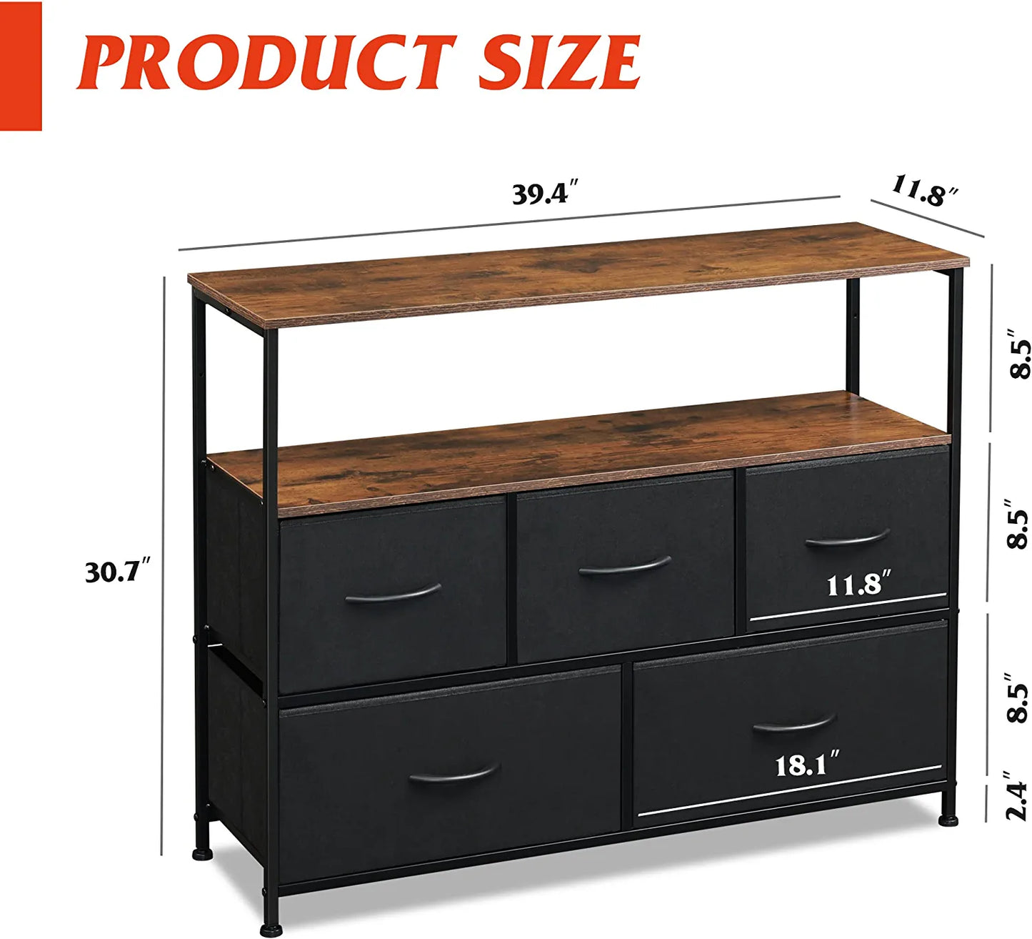 Dresser TV Stand, Entertainment Center with Fabric Drawers, Media Console Table with Open Shelves for TV up to 45 Inch, Storage Drawer Unit for Bedroom, Living Room, Black and Rustic Brown