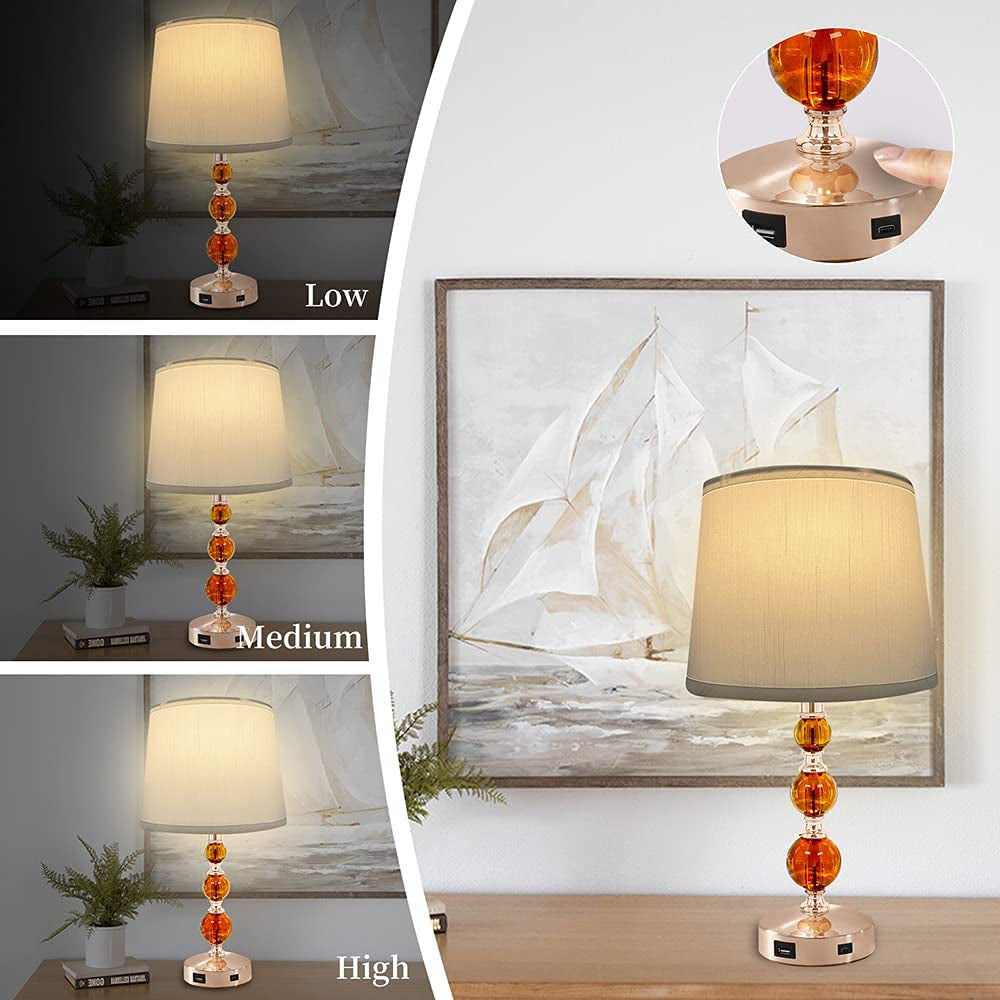 USB Bedside Crystal Lamp, 3-Way Dimmable Touch Nightstand Lamp with USB Charging Port, Orange Table Lamp Decorative Lamp Gold for Bedroom, Living Room, Set of 2( LED Bulb Included)
