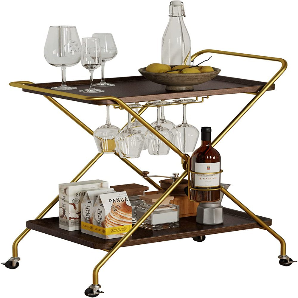 Bar Cart with Wine Rack, 2 Tier Kitchen Cart on Wheels Industrial Coffee Cart, Liquor Cart with Glass Holders for Kitchen Living Room, Brown/Brass