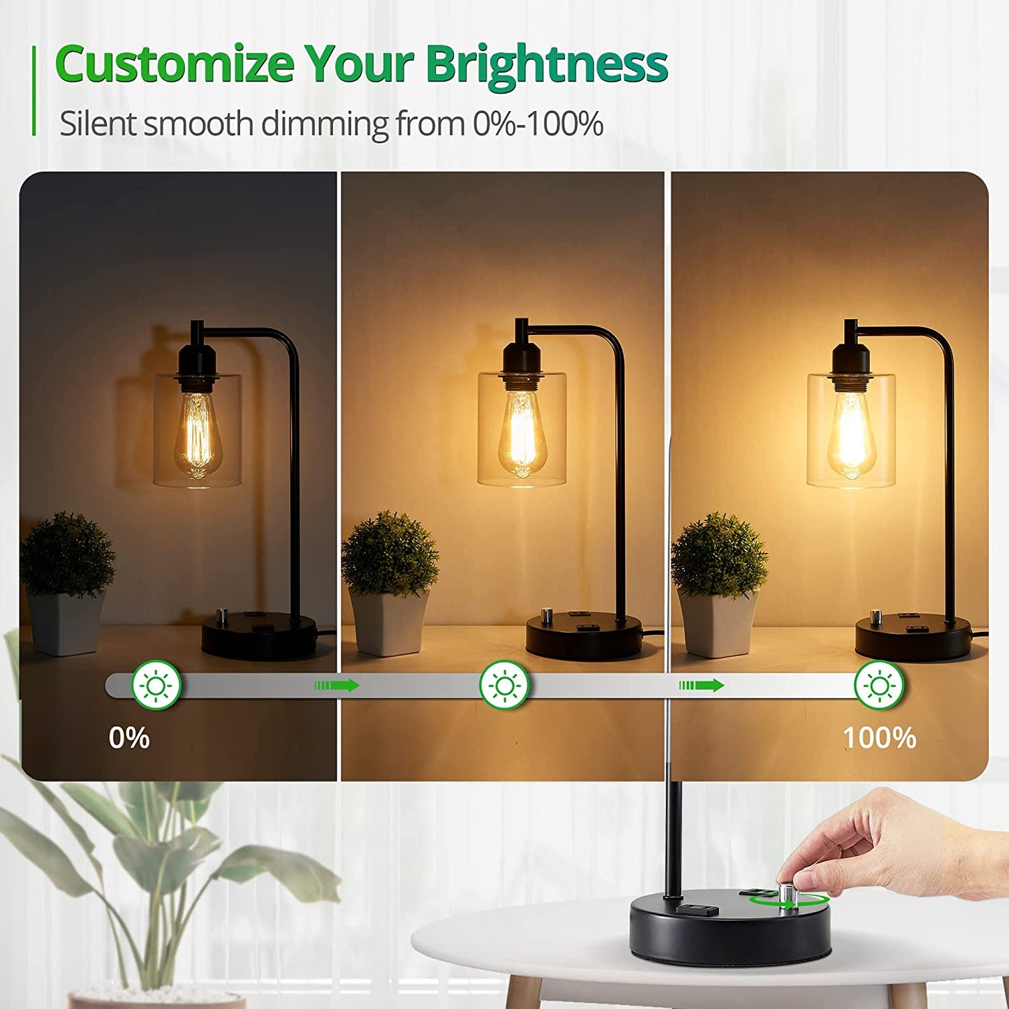Set of 2 Industrial Table Lamps with AC Outlet and 2 USB Ports, Fully Stepless Dimmable Bedside Lamps, Nightstand Lamp with Glass Shade for Bedroom, Living Room, Office, 2700K Bulbs Included