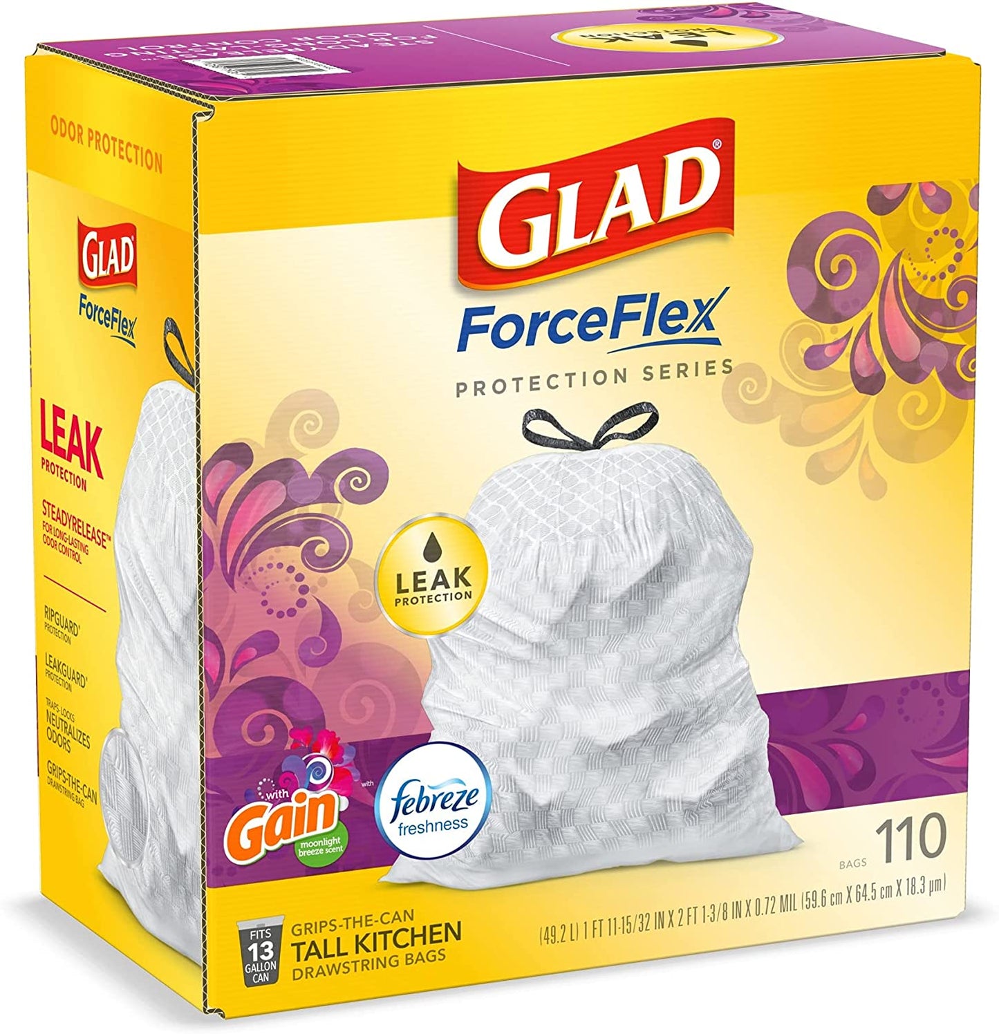 Trash & Food Storage Forceflex Protection Series Tall Trash Bags, 13 Gal, Gain Moonlight Breeze with Febreze, 110 Ct (Package May Vary)