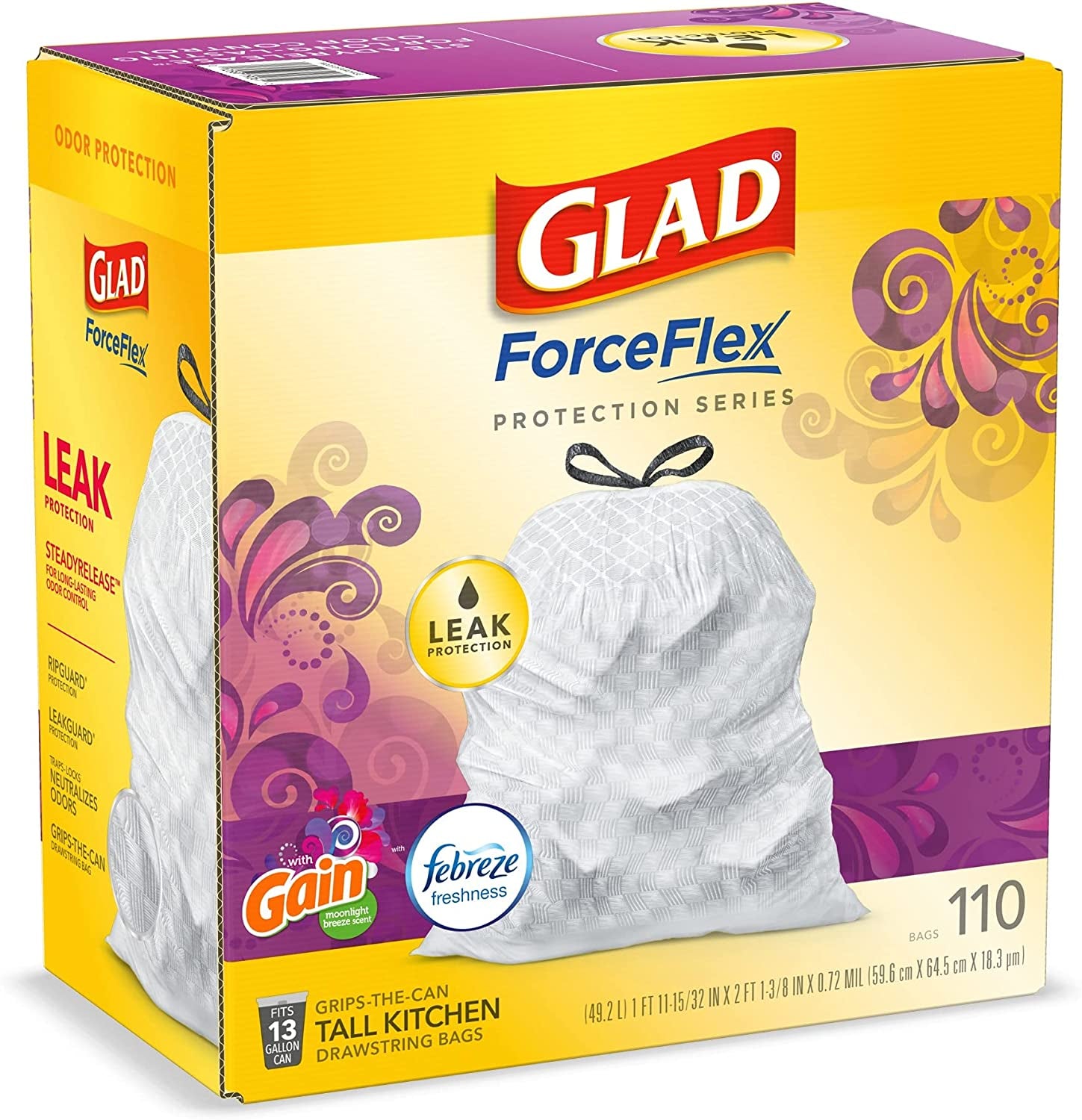 Trash & Food Storage Forceflex Protection Series Tall Trash Bags, 13 Gal, Gain Moonlight Breeze with Febreze, 110 Ct (Package May Vary)