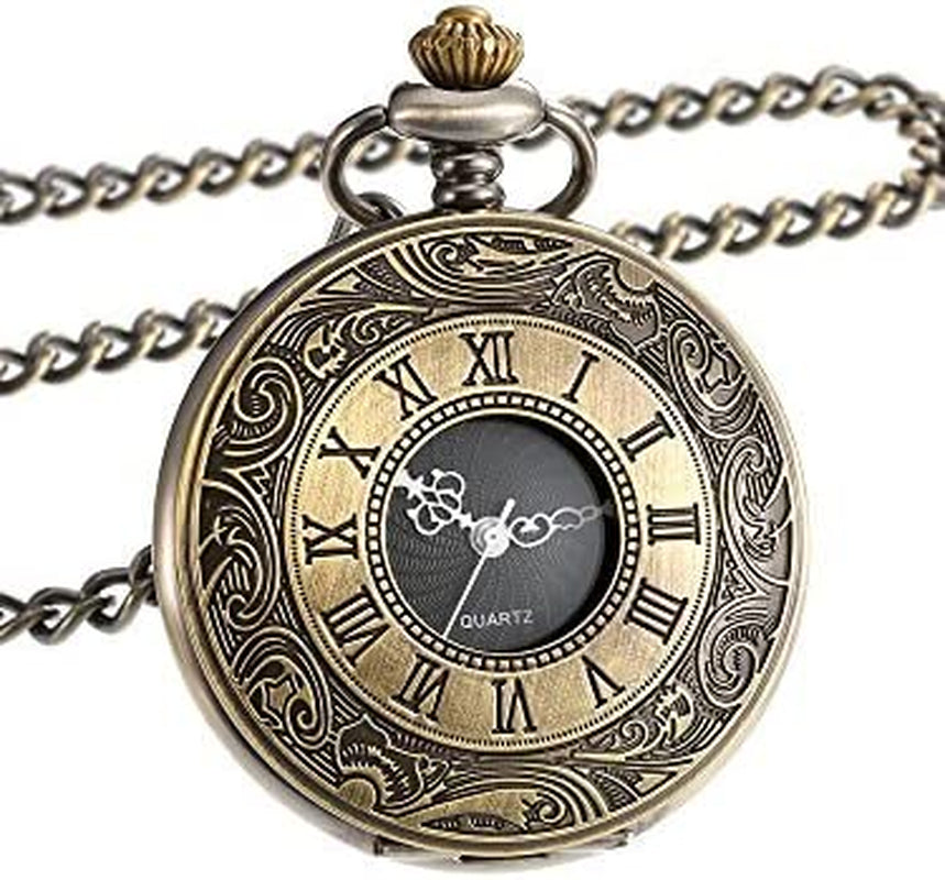 Vintage Roman Numerals Scale Quartz Pocket Watch with Chain