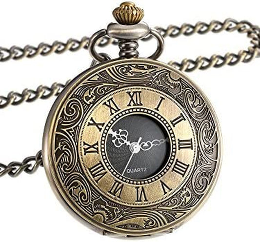 Vintage Roman Numerals Scale Quartz Pocket Watch with Chain