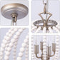 Boho Wood Beaded Pendant Light Candle Style Globe Chandelier White Finishing for Bedroom, Kitchen Island, Girl Room 4-Light