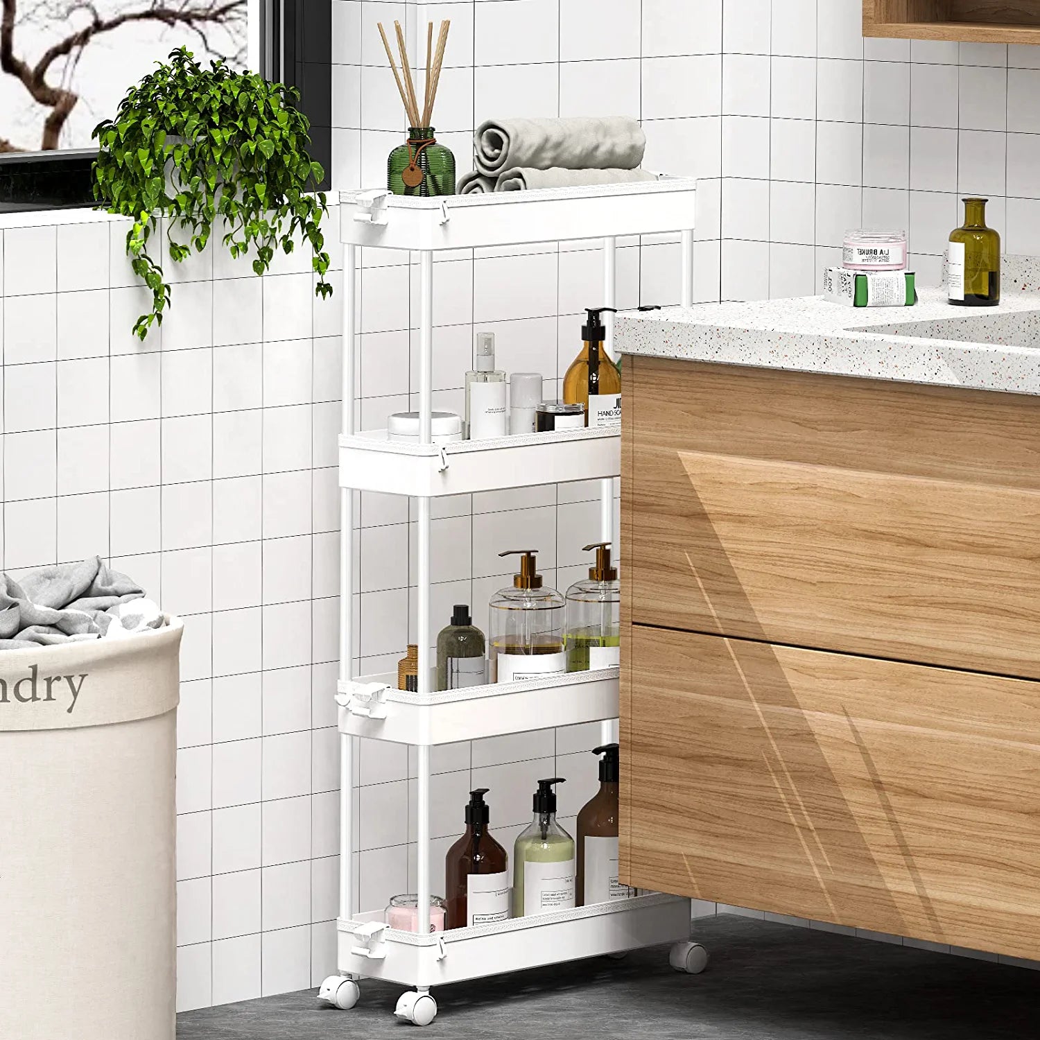 Slim Rolling Storage Cart 4 Tier Bathroom Organizer Mobile Shelving Unit Storage Rolling Utility Cart Tower Rack for Kitchen Bathroom Laundry Narrow Places, White