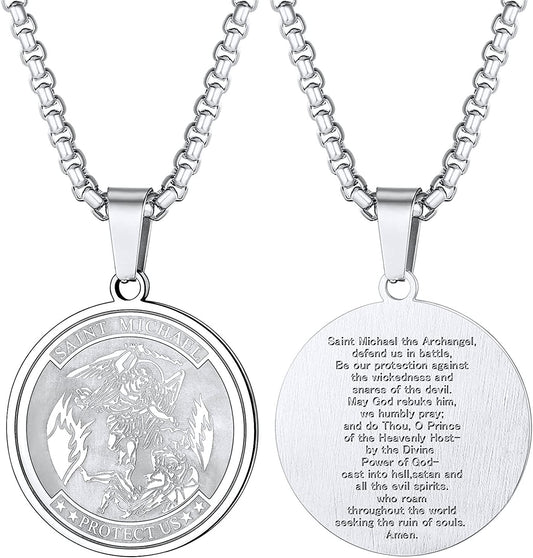 U7 St. Michael Medal for Men Women Stainless Steel 18K Gold Plated Biblical Archangel Pendant Round/Oval/Shield Patron Saint Christopher/Michael Necklaces with 22" Box Chain