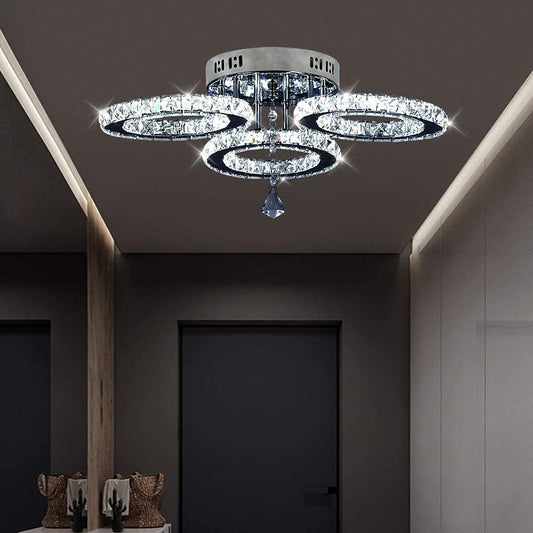 Deckrico Modern Crystal Chandelier Flush Mount Stainless Steel Pendant Ceiling Lamp 3-Rings round LED Light Fixtures for Living Room Bedroom Restaurant Porch Dining Room (Cool White)