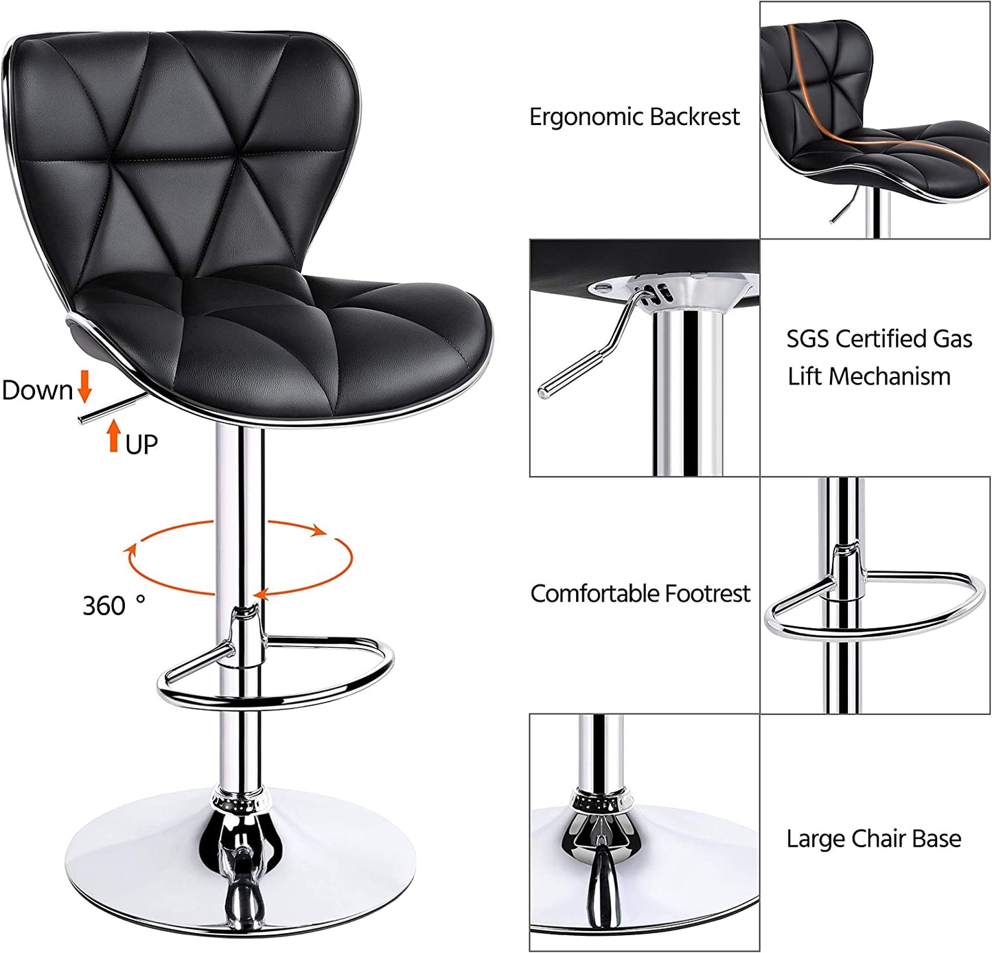 2Pcs Adjustable Bar Stools PU Leather Swivel Bar Chair with Shell Back Black Pub Chairs Counter Height Home Kitchen Dining Room Chairs