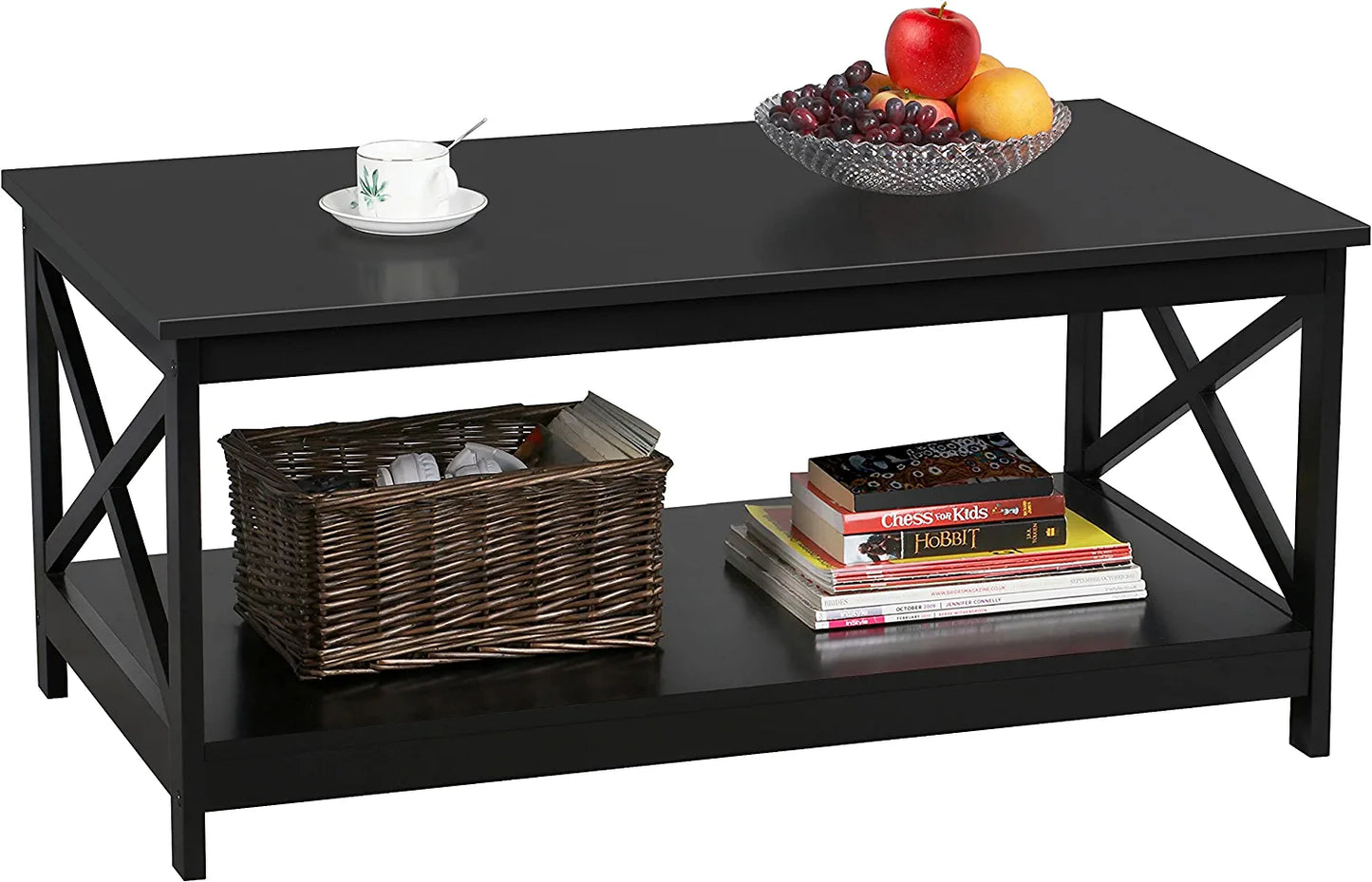Wood 2-Tier Black Coffee Table with Storage Shelf for Living Room, X Design Accent Cocktail Table, Easy Assembly Home Furniture, 39.5 X 21.5 X 18 Inches