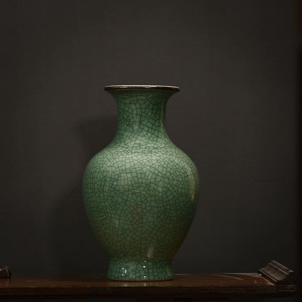 Chinese Ceramic Art Handmade Antique Ice Crack Glaze Vases Big China Porcelain Flower Bottle Vase for Home Decoration(Green)