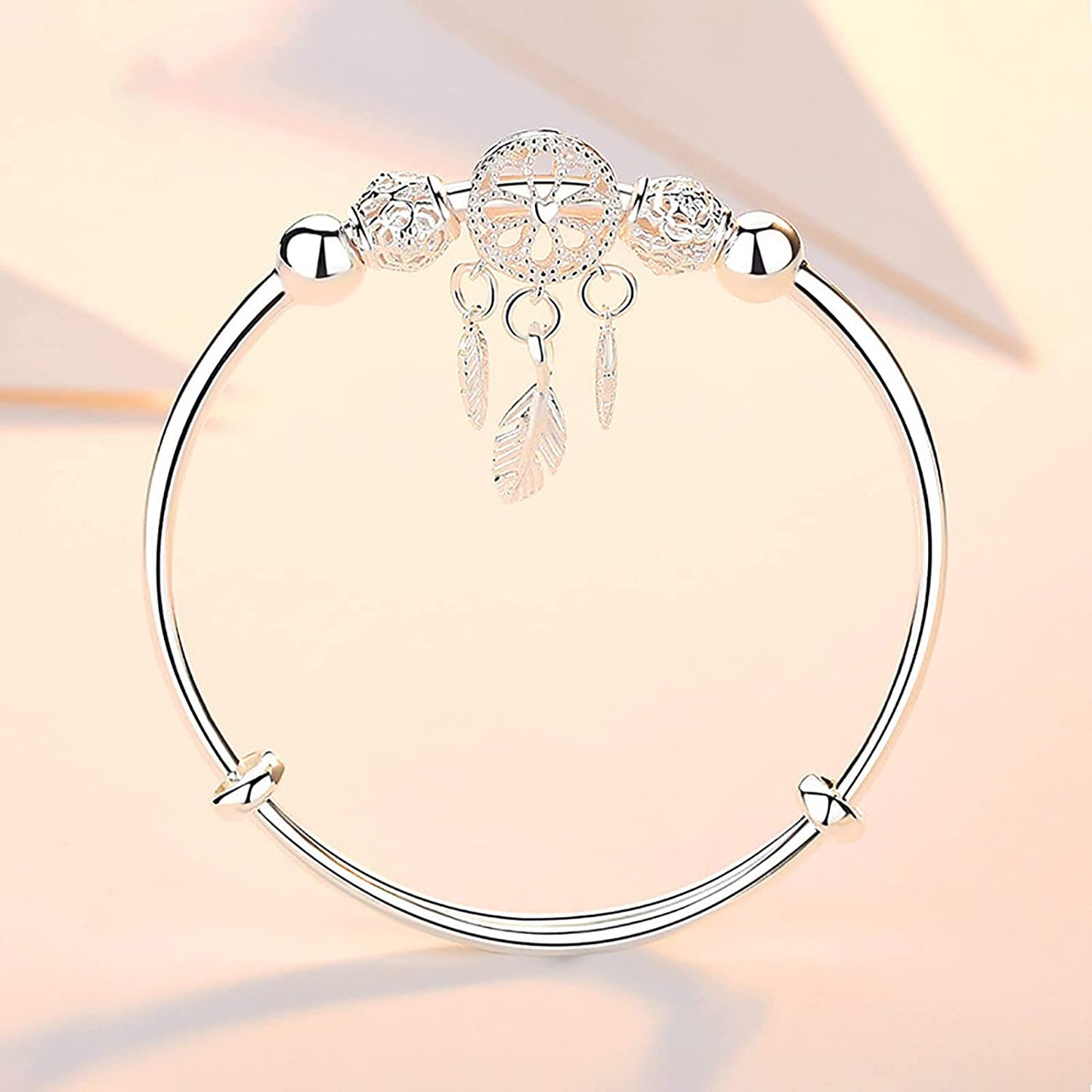 Silver Dream Catcher Tassel Feather Charm Bracelet Bangle Adjustable Mother'S Day Jewelry Gift Birthday Christmas Gifts for Women Mom Wife Girls