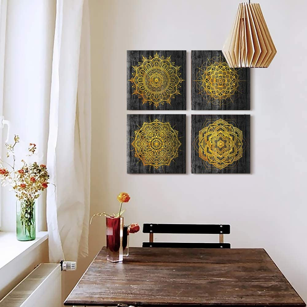 4 Piece Framed Canvas Wall Art for Living Room Family Bathroom Wall Decor Modern Kitchen Office Bedroom Decoration Black Pictures Golden Abstract Painting Inspiration Wall Artworks for Home Walls Art