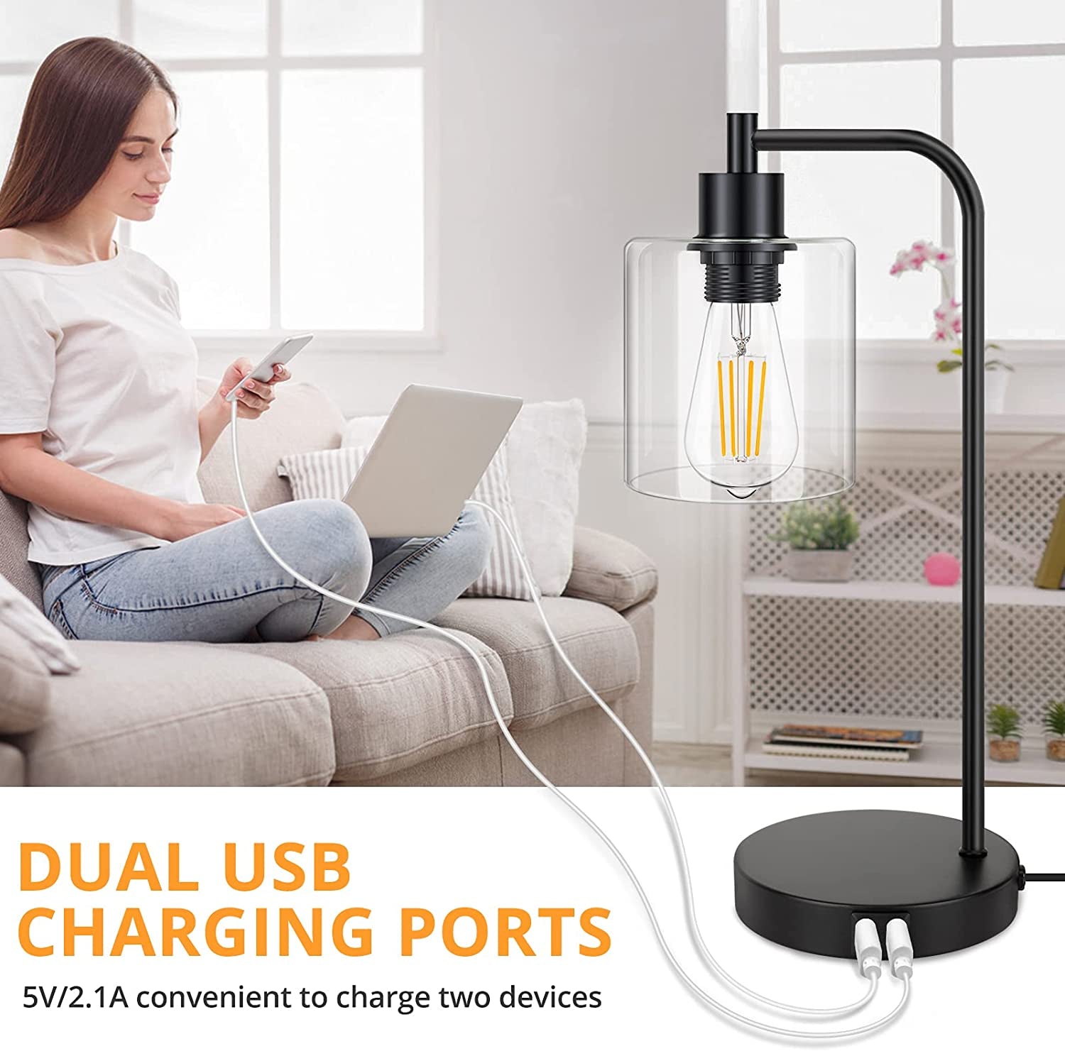 2-Pack Industrial Touch Control Table Lamp, 3 Way Dimmable 2 USB Charging Ports Bedside Nightstand Reading Lamp with Clear Glass Shade, 6W 2700K LED Bulb for Bedroom, Living Room