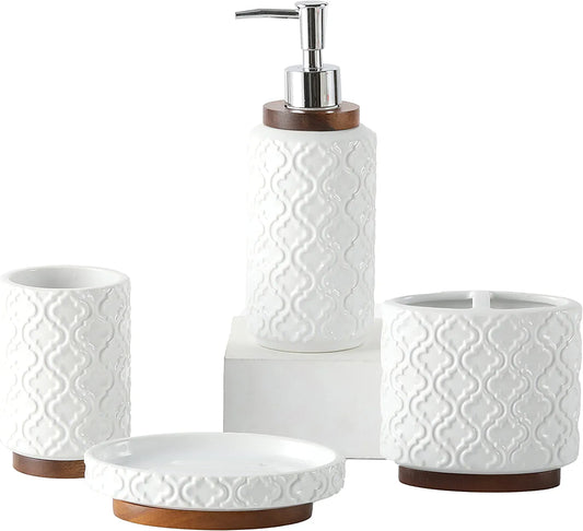 Bathroom Accessories Set 4 Pcs Toothbrush Holder Soap Dispenser Set Ceramic and Wood Bathroom Set Contain Toothbrush Cup Soap Dispenser Soap Dish Tumbler