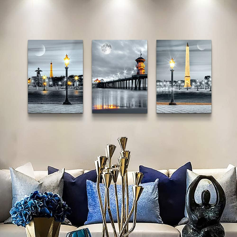 Family Bedroom Wall Decor Canvas Wall Art for Living Room Modern Wall Decorations for Bathroom Night View Paintings Kitchen Canvas Art Hang Pictures Artwork Home Decoration 3 Pieces