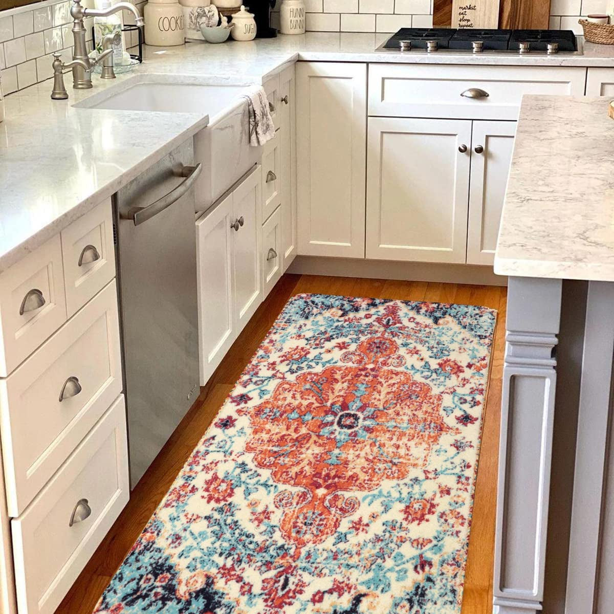 Bohemian Floral Medallion Area Rug - 2X4 Oriental Distressed Hallyway Runner Rug Doormat Faux Wool Non-Slip Bath Mat Washable Low-Pile Carpet for Kitchen Laundry Room(2 X 4, Orange Medallion)