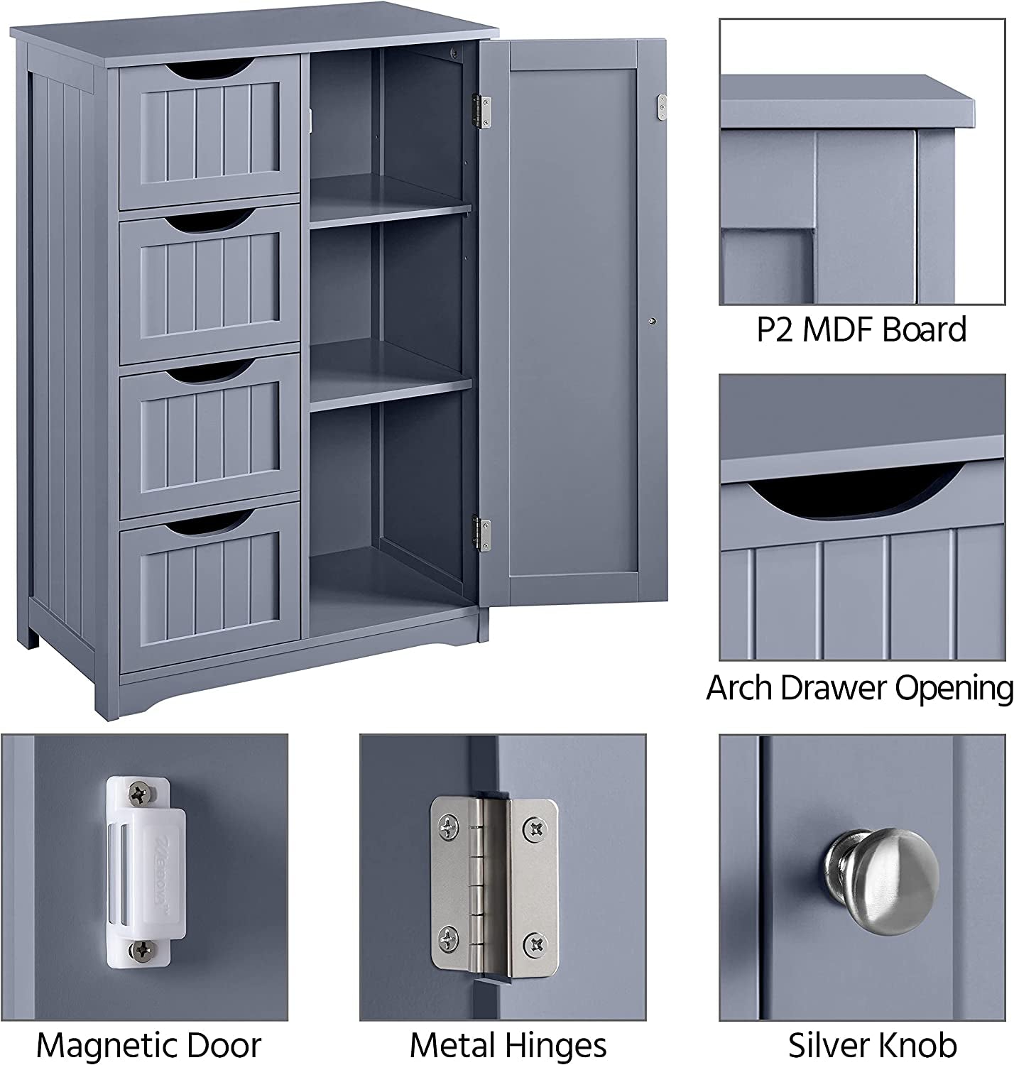 Bathroom Floor Cabinet, Freestanding Storage Oragnizer Unit Kitchen Cupboard W/ 4 Drawers & Adjustable Shelves, Using for Living Room/Kitchen/Bathroom, Gray
