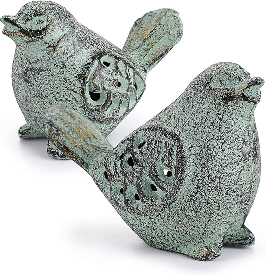 2 Cast Iron Green Bird Sculptures Outdoor Bird Statues Hollow Carved Bird Desktop Ornaments Figurines, Decorative Creative Animal Figurine Indoor Outdoor Statues for Garden Patio Home Decor