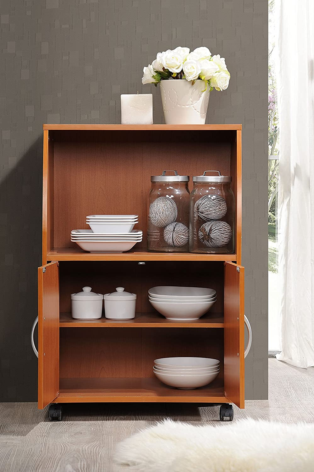 Mini Microwave Cart with Two Doors and Shelf for Storage, Cherry