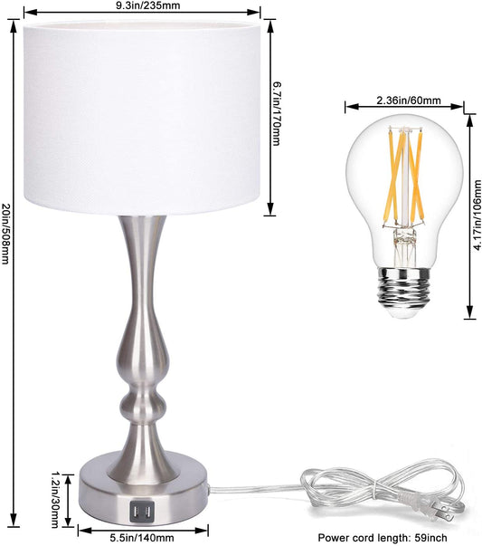 Bedside Touch Lamp with Dual USB Charging Ports, 3 Way Dimmable Nightstand Lamp with Silver Base, USB Touch Control Table Lamp Modern Ambient Light for Living Room, Bedroom, 6W 2700K LED Bulb Included