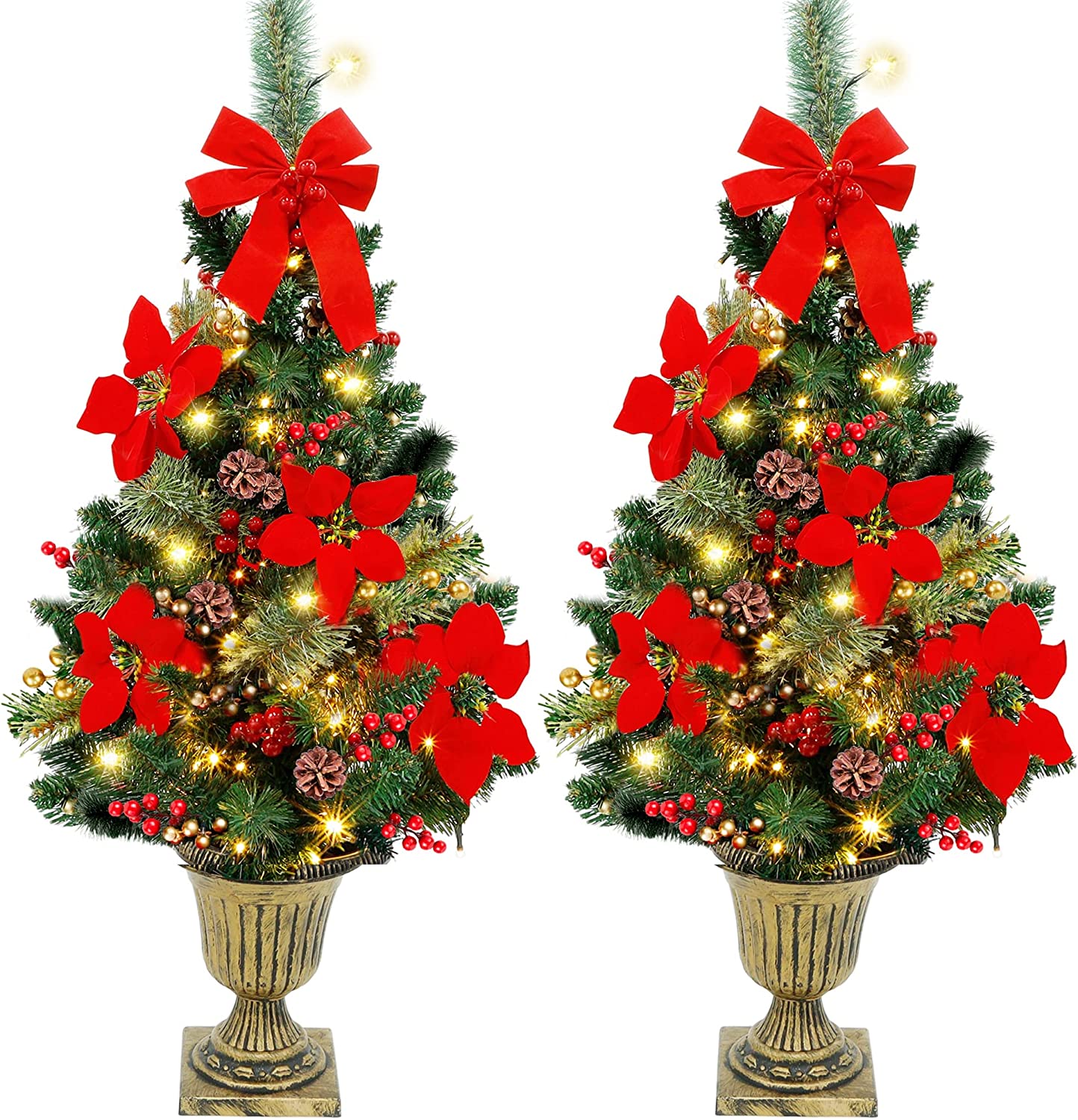 Juegoal 3 FT Christmas Tree, Pre-Lit Poinsettia Spruce Entrance Trees with 100 LEDs Lights, Pine Cones, Red & Golden Berries in Gold Urn Base for Front Door, Porch, Entryway Xmas Home Decor, 2 Pack